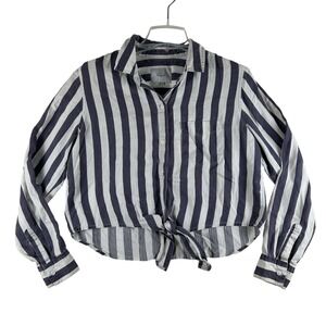 Rails Shirt Womens Small Blue White Stripe Val Athens Button Tie Front Cropped
